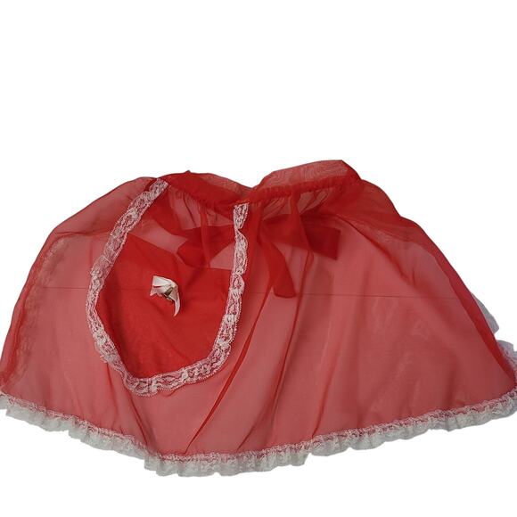 Vintage Sheer Red Apron Lace Waist Tie Bell Pocket Holiday Pin Up Festive USA - Picture 5 of 8